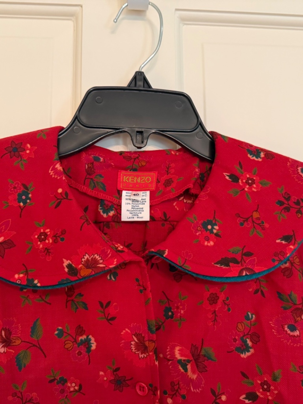 Vintage 80s Kenzo Paris Wool Floral Blouse Red Oversized Collar Made France 40 - Picture 4 of 6